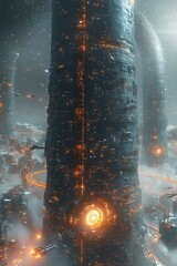 Obraz premium Advanced technology and urban landscape showcase a futuristic city with towering structures, flying transport, and complex, glowing networks of roads. A night view with lights and fog