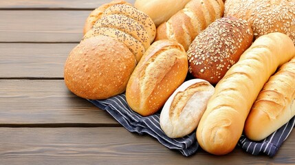 Assortment of Artisan Bread: A rustic collection of freshly baked artisan bread, displaying a variety of shapes, textures, and golden-brown hues, arranged on a wooden surface.