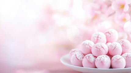 Pink Delight: A visually pleasing composition showcasing a stack of dainty pink confectionery treats on a white plate, set against a soft-focus backdrop of blossoming flora.