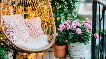 Cozy Balcony Oasis: A tranquil balcony scene featuring a hanging chair adorned with fluffy pink pillows, illuminated by warm fairy lights.