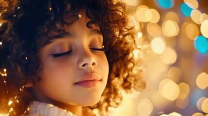 Peaceful Child: A young girl with curly hair closes her eyes peacefully, bathed in the warm glow of soft bokeh lights. The image evokes a sense of serenity and calm.