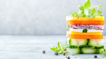 Colorful Layered Veggie Delight: A culinary creation showcasing a vibrant stack of fresh, colorful vegetables, artistically layered and garnished for a healthy and appealing dish.