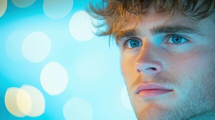 Intense Focus: A close-up shot of a handsome male with striking blue eyes, his gaze fixed with intense focus. The cool blue and bokeh lighting create an atmosphere of introspection and depth.