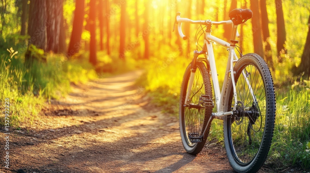 Poster bicycle on a scenic forest trail with sunlight filtering through the trees, capturing a peaceful out