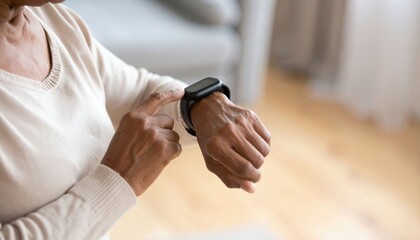 A person checks their smartwatch, indicating a focus on health and technology in a comfortable indoor setting.