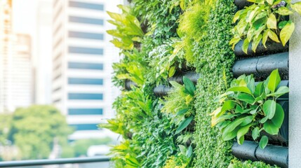Urban Oasis: A vibrant vertical garden flourishes, bringing a touch of nature to the cityscape. Lush greenery provides a refreshing contrast to the surrounding buildings and structures.