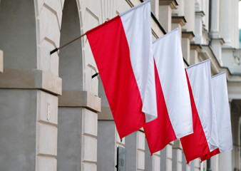 The Polish flag consists of two horizontal bands of white and red of equal area. Warsaw. Poland.