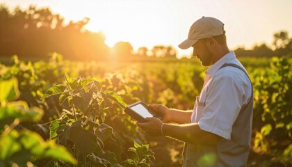 A farmer uses a tablet in a sunlit field, showcasing the integration of technology in agriculture.