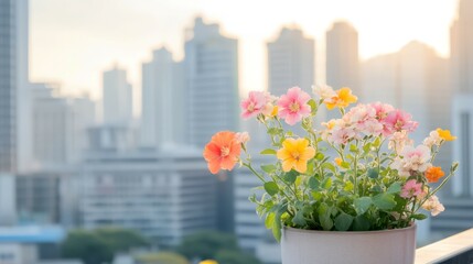 Urban Bloom: A vibrant collection of flowers blooms in a pot, with the cityscape as a backdrop, capturing nature's beauty in an urban environment, with a warm, inviting color palette.