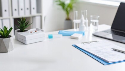 A modern workspace featuring plants, a laptop, stationery, and wellness items, creating an organized and inviting environment.