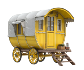 Charming Yellow Gypsy Wagon with Wooden Steps and Canvas Cover Ideal for Travel and Vintage Decor