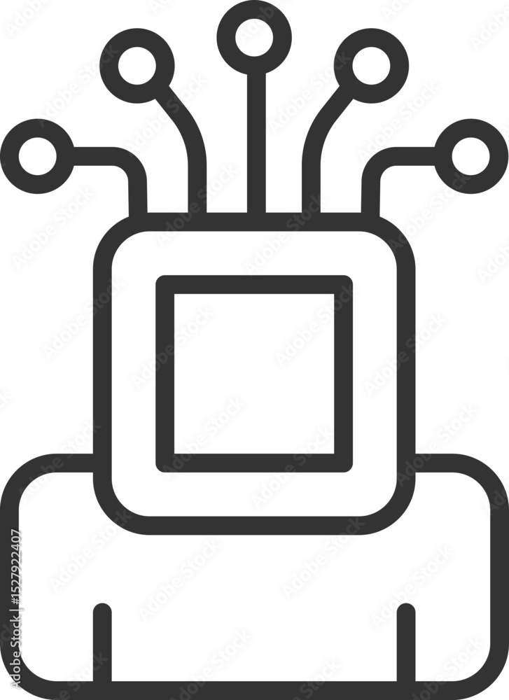 Poster minimalist outline icon of a personlike figure with a screenlike head and wires, symbolizing ai, rob