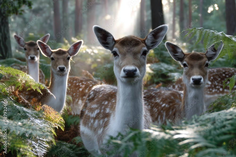 Poster group of deer walking through a dense forest with sunlight filtering through the trees