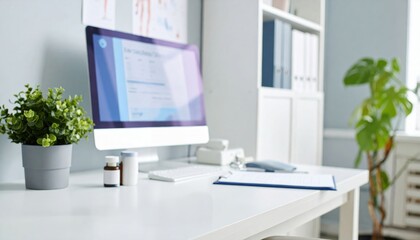 A modern workspace featuring a desktop computer, a small plant, and organized stationery, creating a clean and productive environment.