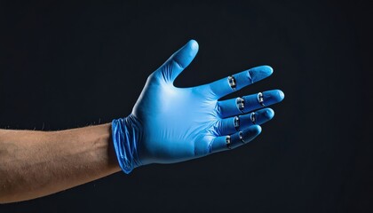 A gloved hand extends against a dark background, showcasing a blue latex glove, often used in medical or laboratory settings for cleanliness and protection.