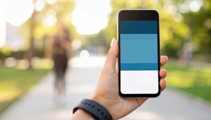A person holds a smartphone displaying a colorful screen in a park, with a blurred figure walking in the background on a sunny day.
