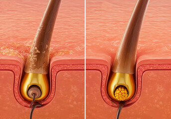 Hair structure anatomy shown in a before and after 3D illustration. Close-up of an open, damaged hair follicle versus a smooth, closed, and healthy hair cuticle.