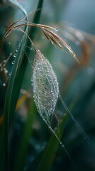 Dew-Covered Cocoon Wrapped in Spider Silk on Grass Blade