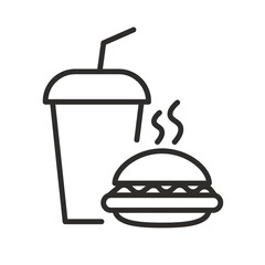 Fast food icon. Linear vector illustration. Burger with drink. Simple symbol. Hamburger and soft drink.