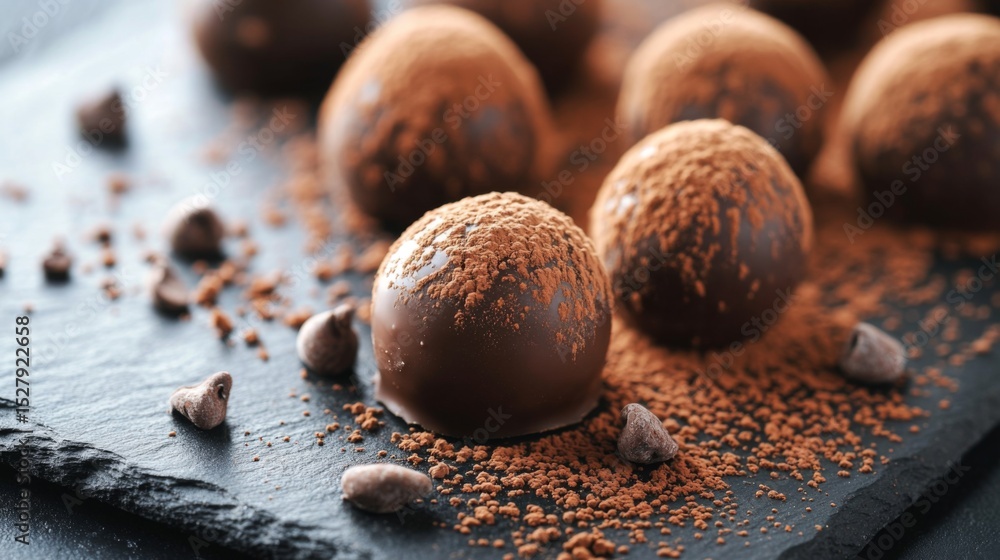 Poster chocolate truffles dusted with cocoa powder, arranged elegantly on a dark slate, rich texture and de