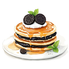 Oreo Stuffed Pancakes, watercolor illustration vector, high quality, isolated on a white background.