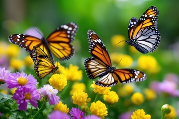 Fototapeta premium Vibrant monarch butterflies flying over colorful flowers in a lush garden
