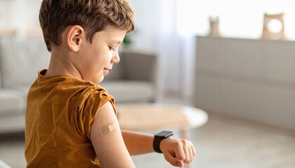 A young boy looks at his smartwatch, showing a bandage on his arm, in a cozy living room setting.