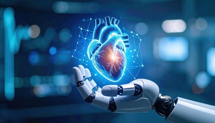 A robotic hand holds a glowing heart, symbolizing the intersection of technology and human emotions in a futuristic context.