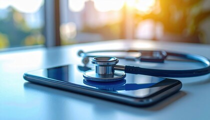 A stethoscope rests on a smartphone, symbolizing the intersection of healthcare and technology in modern medicine.