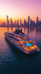 Large luxury yacht sailing in the ocean on city background at sunset