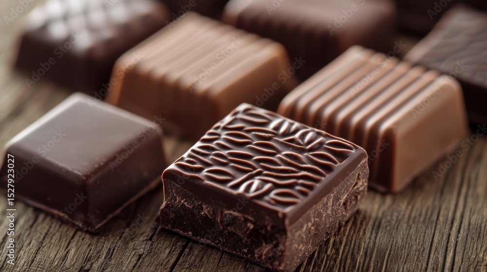 Poster Close-up of assorted dark and milk chocolate squares with intricate patterns on a rustic wooden surface, rich and luxurious atmosphere.