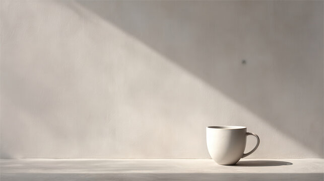 minimalist photograph of coffee mug positioned on right side of light gray background