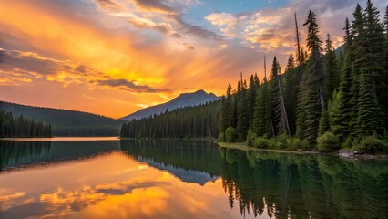 Fototapeta premium Sunset Serenity Over a Mountain Lake