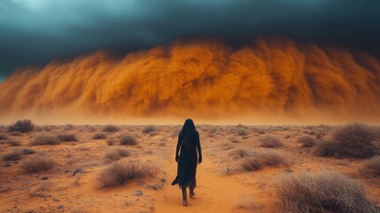 Woman in black robe facing giant sandstorm in desert.