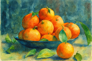 Watercolor tangerines in a Bowl &ndash; AI Enhanced from Original Photo