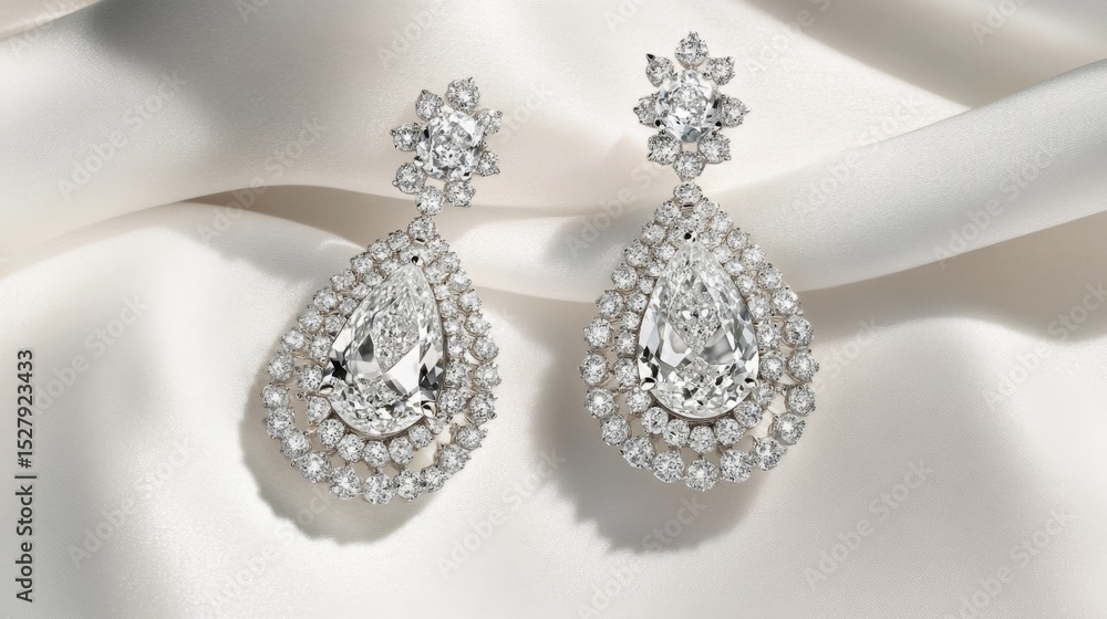 Poster Close-up of intricate diamond drop earrings resting on a white background, highlighting the sparkling gems and delicate craftsmanship.