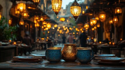 Fototapeta premium Empty table with ornate mugs and pitcher at a dimly lit outdoor restaurant in a bustling Arabian-style marketplace at night.
