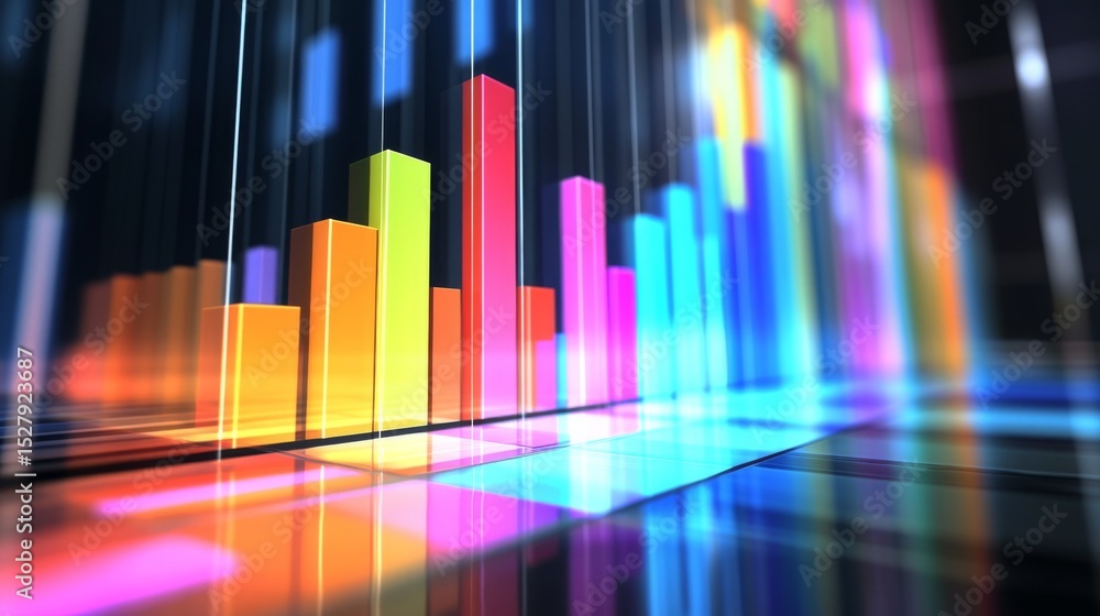 Leinwandbilder Colorful D bar chart with varying heights on a sleek surface, illuminated by soft lighting, creating a modern and professional visual for data representation.