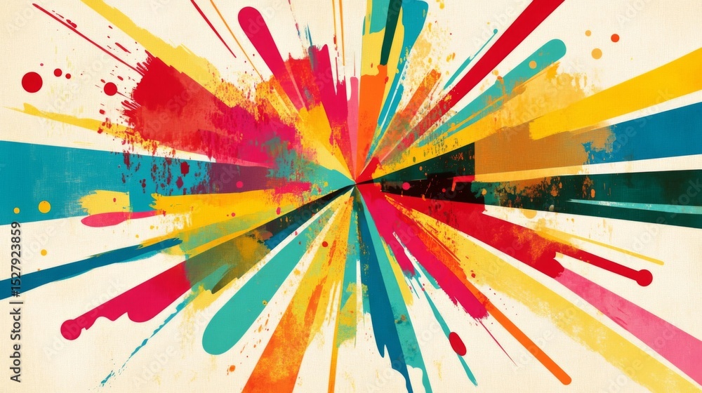 Poster colorful splashes of lines radiating outward in a dynamic pattern, evoking energy and movement again