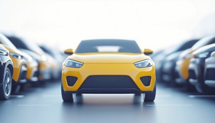 Bright Yellow Vehicle Parked Among Other Cars In A Crowded Parking Lot, Standing Out With Its Vibrant Color And Drawing Attention.
