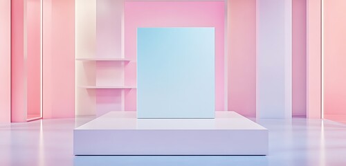 Soft pastel corporate space with large mock canvas and display shelf for branding