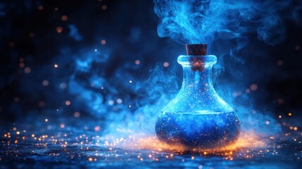Glowing blue potion bottle with smoke.