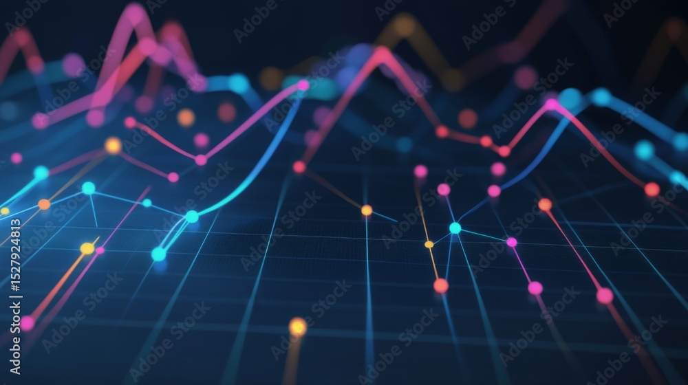 Leinwandbilder Graph with multiple data points connected by colorful lines on a dark grid, giving a futuristic data analysis vibe.