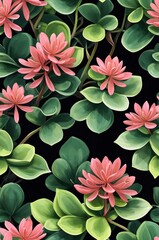 Sedum on black background cartoonish seamless pattern