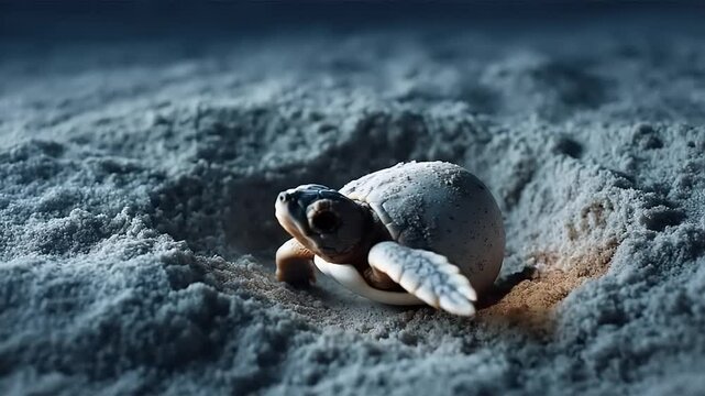 Newborn turtle hatching from egg on sandy beach at dawn
