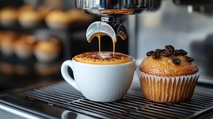Coffee Pouring into a White Cup Next to a Buttery Muffin with a Sprinkle of Sugar and Cinnamon, in a Cafe Atmosphere During the Golden Hour featuring Warm Lighting with Delicious Food and Beverage