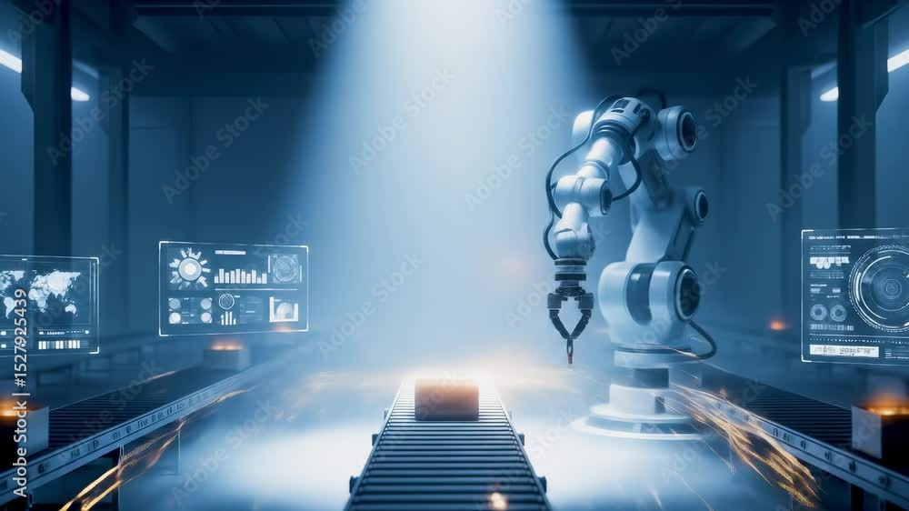 Poster robotic arm operating on an automated conveyor belt in a smart factory, surrounded by digital interf