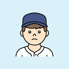 Disappointed boy in baseball uniform and cap expressing sadness