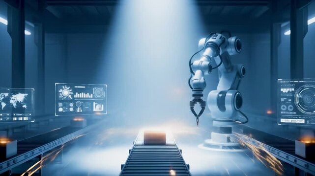 Robotic arm operating on an automated conveyor belt in a smart factory, surrounded by digital interfaces displaying data and analytics.