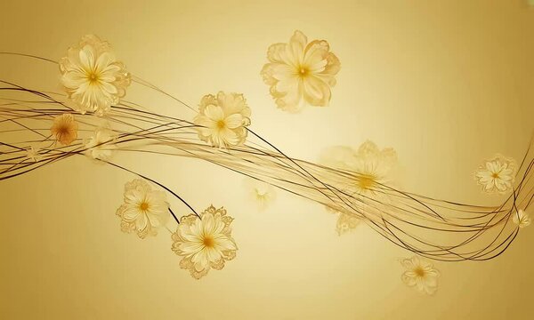 Elegant Gold Flowers Blooming on Brushstroke Line: Japanese-Inspired Floral Design for Special Occasions and Romantic Projects
